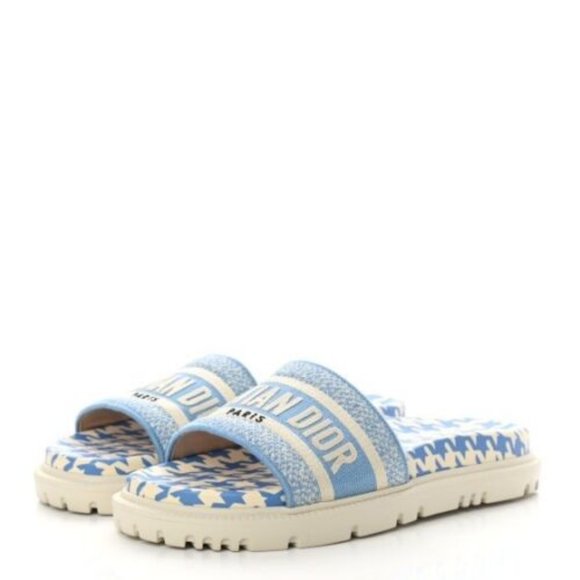 New Christian Dior Cornflower Blue Houndstooth Embroidered Dway Slide Size 40.5 - Picture 1 of 12